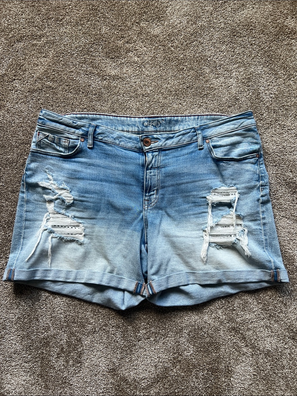 edgely Light Wash Distressed Denim Rolled Hem Shorts